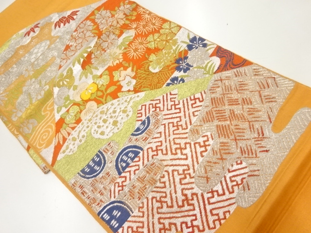 アンティーク　遠山に花・古典柄模様織出し袋帯（材料）